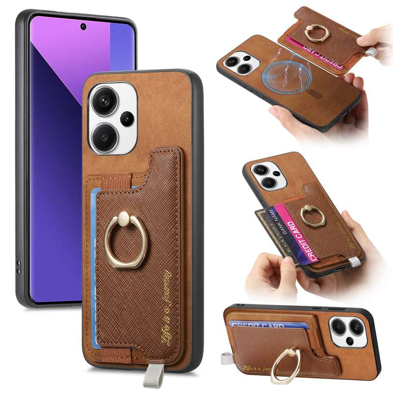 For Redmi Note 13 Pro+ Retro Magsafe Cross Leather Ring Holder Card Bag Phone Case(Yellow)