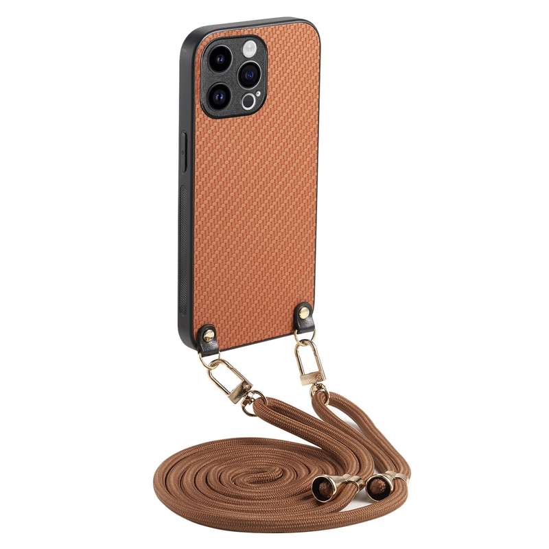 For iPhone 16 Pro Max Carbon Fiber Texture Leather Back Phone Case with Crossbody Strap(Green)