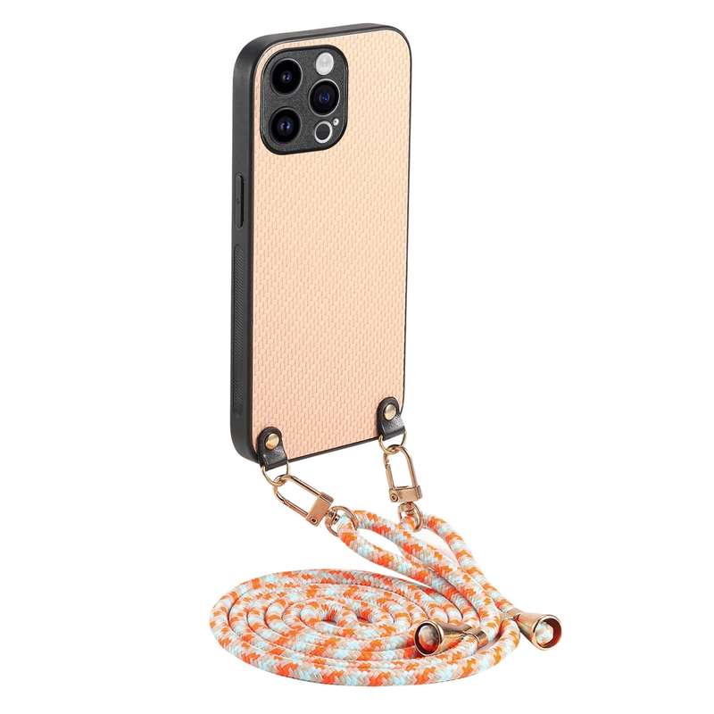 For iPhone 16 Pro Max Carbon Fiber Texture Leather Back Phone Case with Crossbody Strap(Green)
