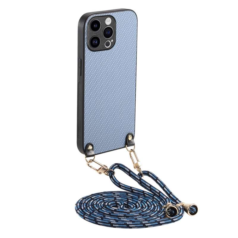 For iPhone 16 Pro Max Carbon Fiber Texture Leather Back Phone Case with Crossbody Strap(Green)