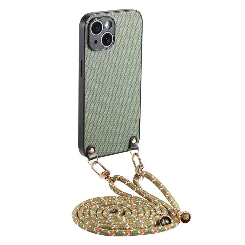 For iPhone 15 Carbon Fiber Texture Leather Back Phone Case with Crossbody Strap(Green)