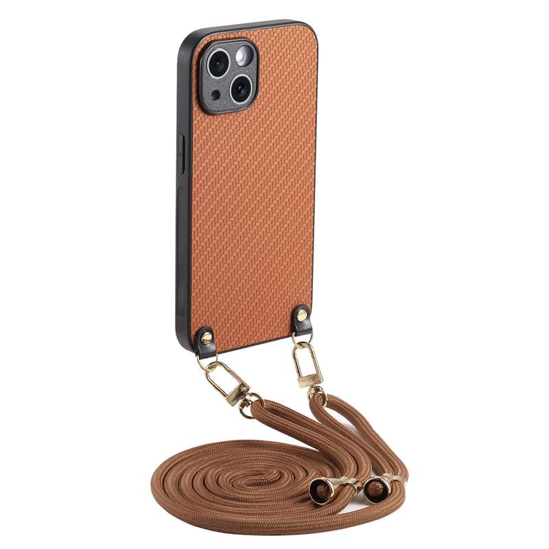 For iPhone 15 Carbon Fiber Texture Leather Back Phone Case with Crossbody Strap(Green)