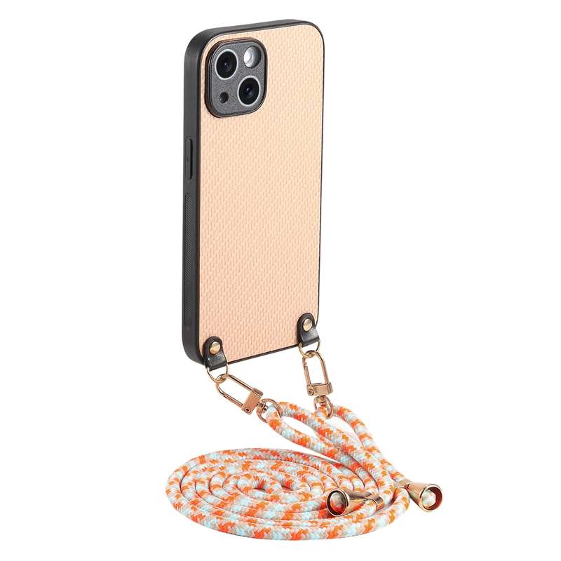 For iPhone 15 Carbon Fiber Texture Leather Back Phone Case with Crossbody Strap(Green)