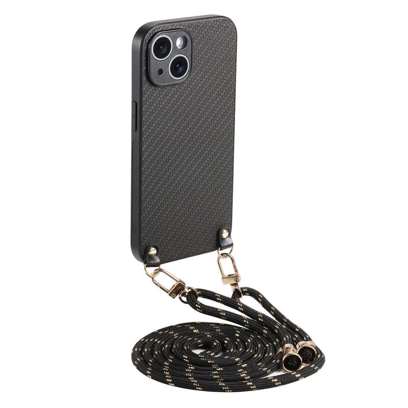 For iPhone 13 Carbon Fiber Texture Leather Back Phone Case with Crossbody Strap(Green)