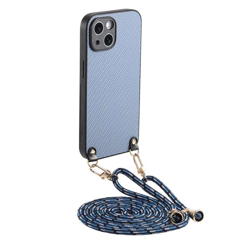 For iPhone 13 Carbon Fiber Texture Leather Back Phone Case with Crossbody Strap(Green)