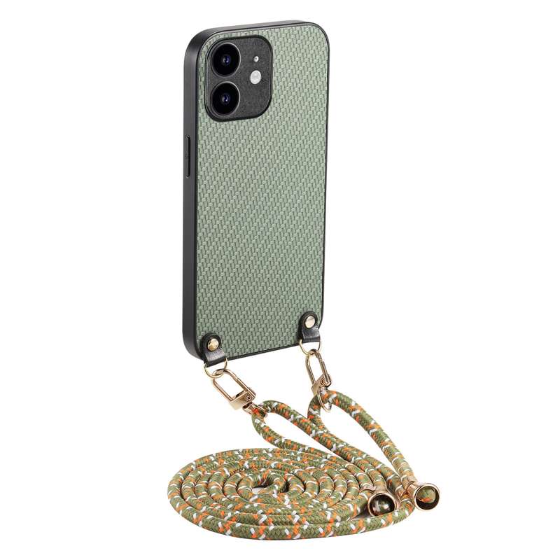 For iPhone 11 Carbon Fiber Texture Leather Back Phone Case with Crossbody Strap(Green)