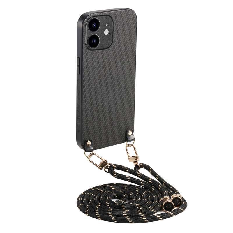 For iPhone 11 Carbon Fiber Texture Leather Back Phone Case with Crossbody Strap(Green)