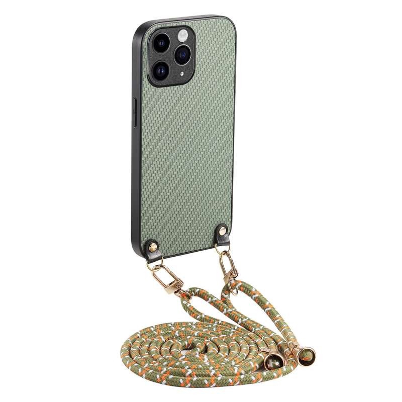 For iPhone 11 Pro Carbon Fiber Texture Leather Back Phone Case with Crossbody Strap(Green)