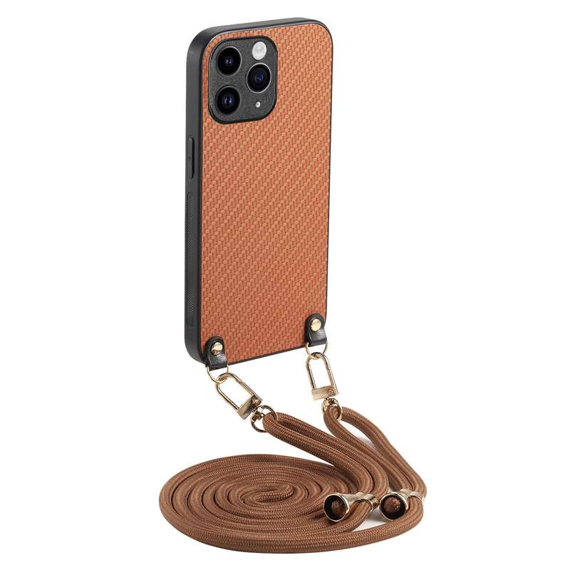 For iPhone 11 Pro Carbon Fiber Texture Leather Back Phone Case with Crossbody Strap(Green)
