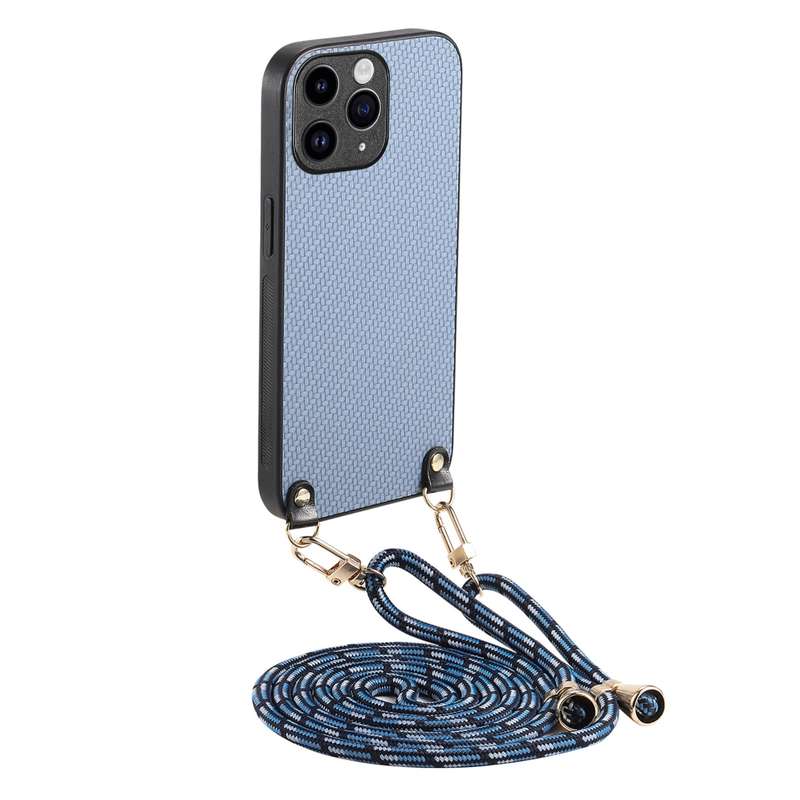 For iPhone 11 Pro Carbon Fiber Texture Leather Back Phone Case with Crossbody Strap(Green)