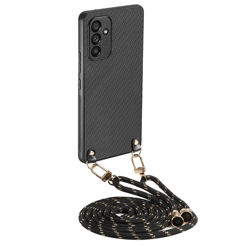For Samsung Galaxy A34 5G Carbon Fiber Texture Leather Back Cover Phone Case with Crossbody Strap(Gr