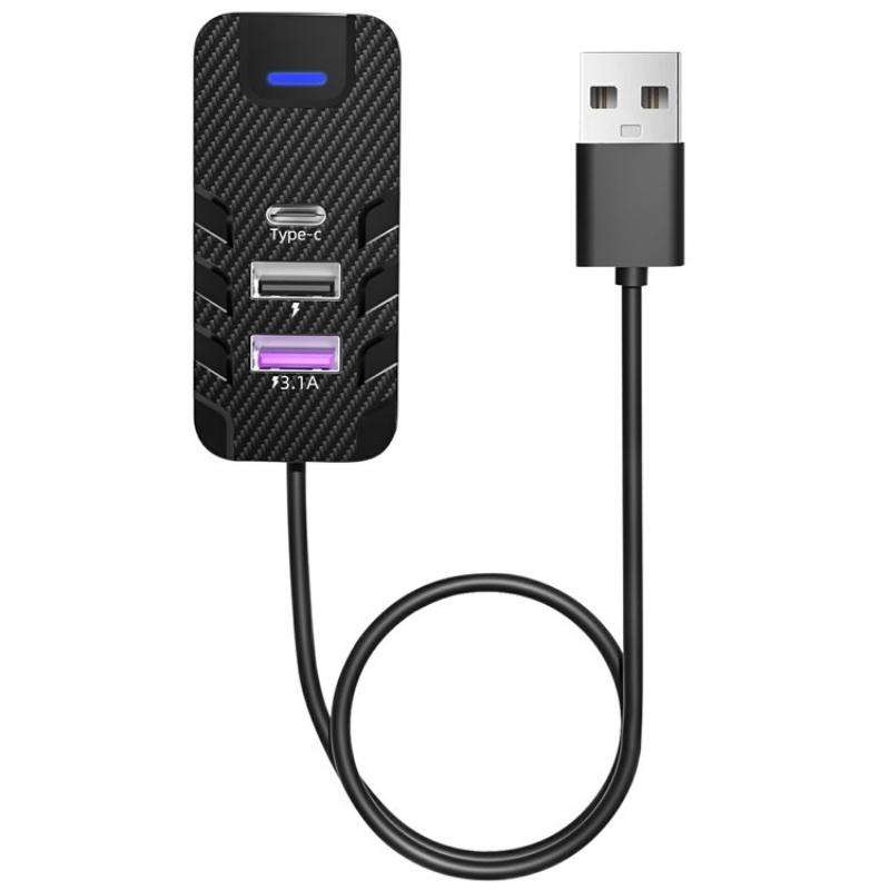 Y2 Type-C and Dual USB Carbon Fiber Texture Car Rear Seat Charger Adapter with Extension Cable