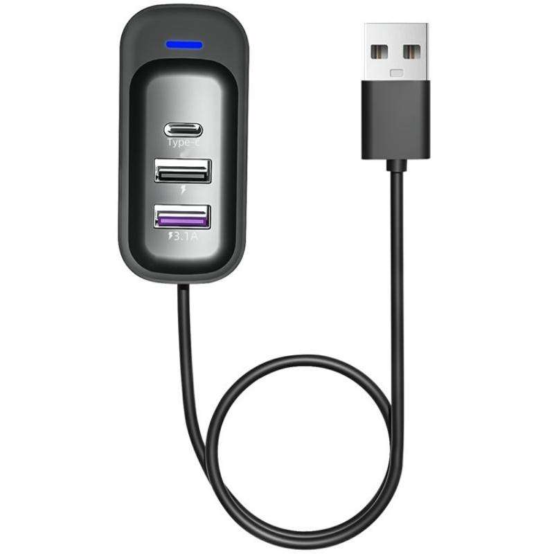 Y1 Type-C and Dual USB Car Rear Seat Charger Fast Charging Adapter with 1m Extension Cable