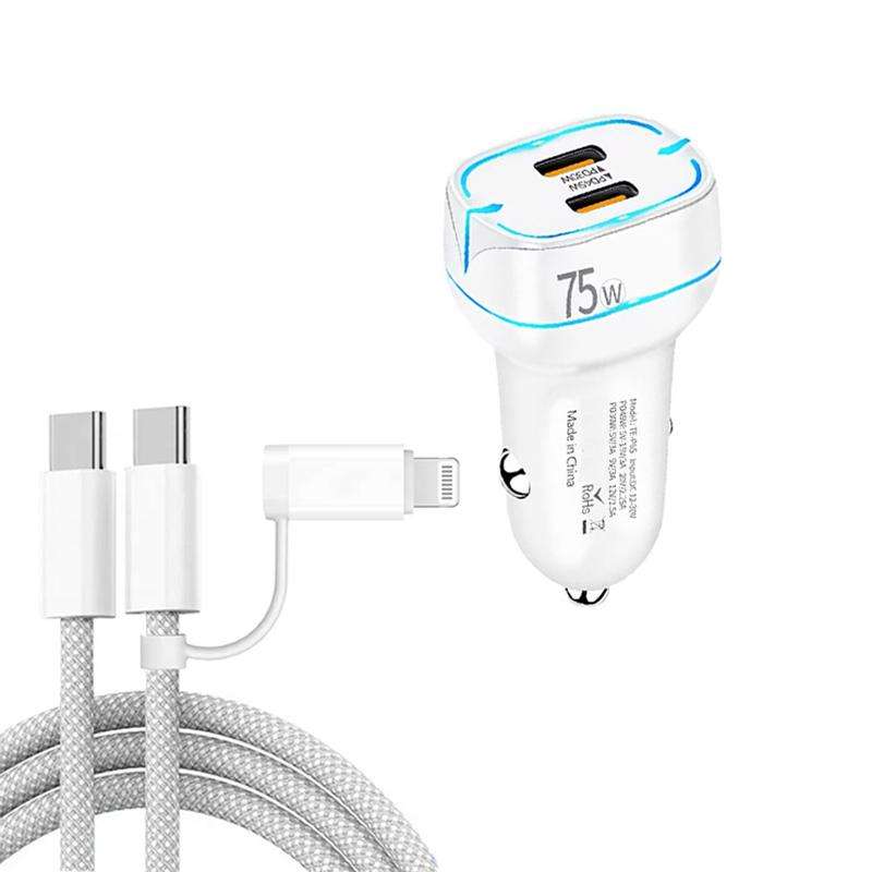 P65 75W Dual Port USB-C / Type-C Car Charger with Type-C to Type-C / 8 Pin Data Cable(Black)