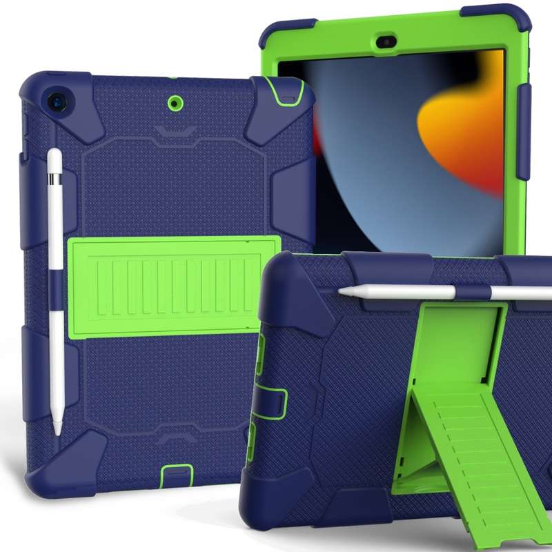 For iPad 10.2 Shockproof Two-Color Silicone Protection Case with Holder & Pen Slot(Black+Blue)