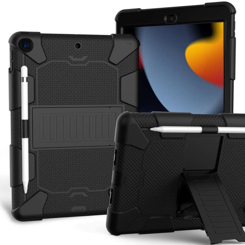 For iPad 10.2 Shockproof Two-Color Silicone Protection Case with Holder & Pen Slot(Black+Blue)
