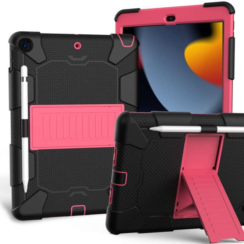 For iPad 10.2 Shockproof Two-Color Silicone Protection Case with Holder & Pen Slot(Black+Blue)