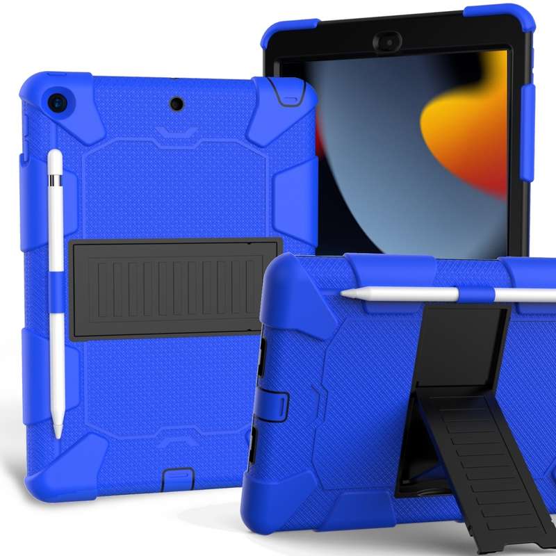 For iPad 10.2 Shockproof Two-Color Silicone Protection Case with Holder & Pen Slot(Black+Blue)