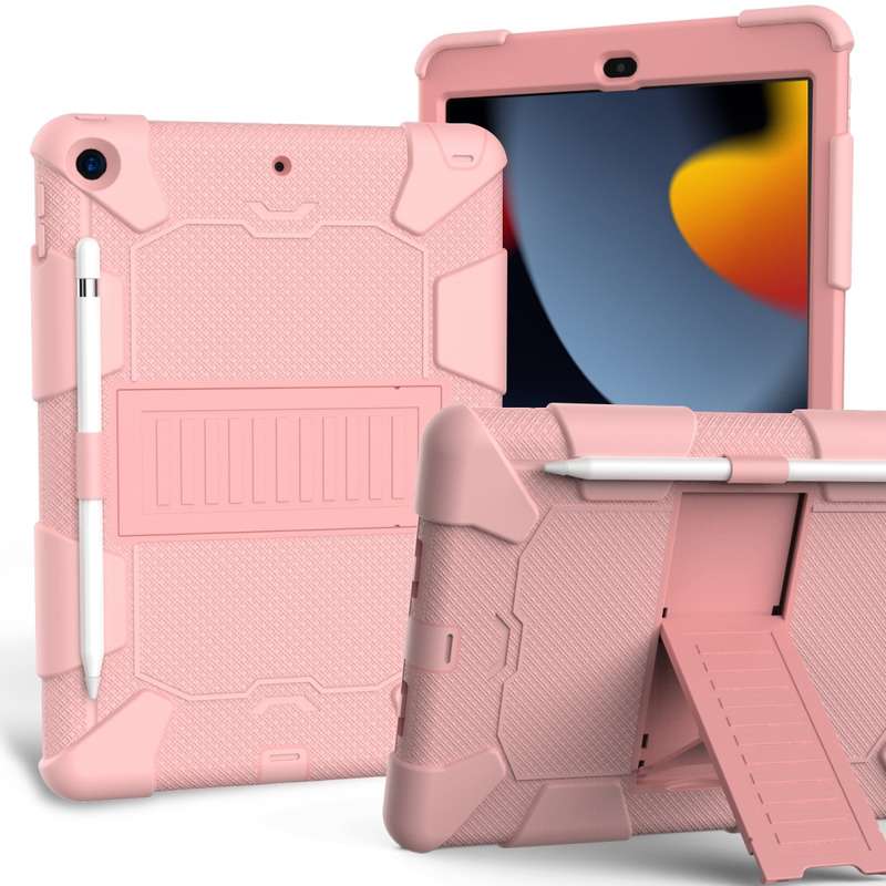 For iPad 10.2 Shockproof Two-Color Silicone Protection Case with Holder & Pen Slot(Black+Blue)