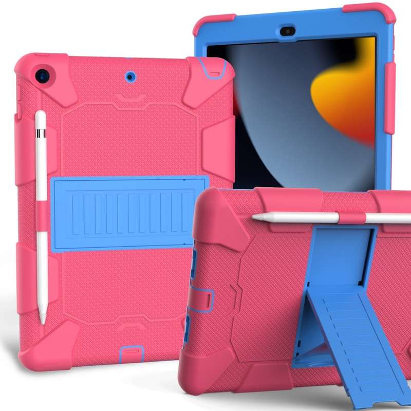 For iPad 10.2 Shockproof Two-Color Silicone Protection Case with Holder & Pen Slot(Black+Blue)