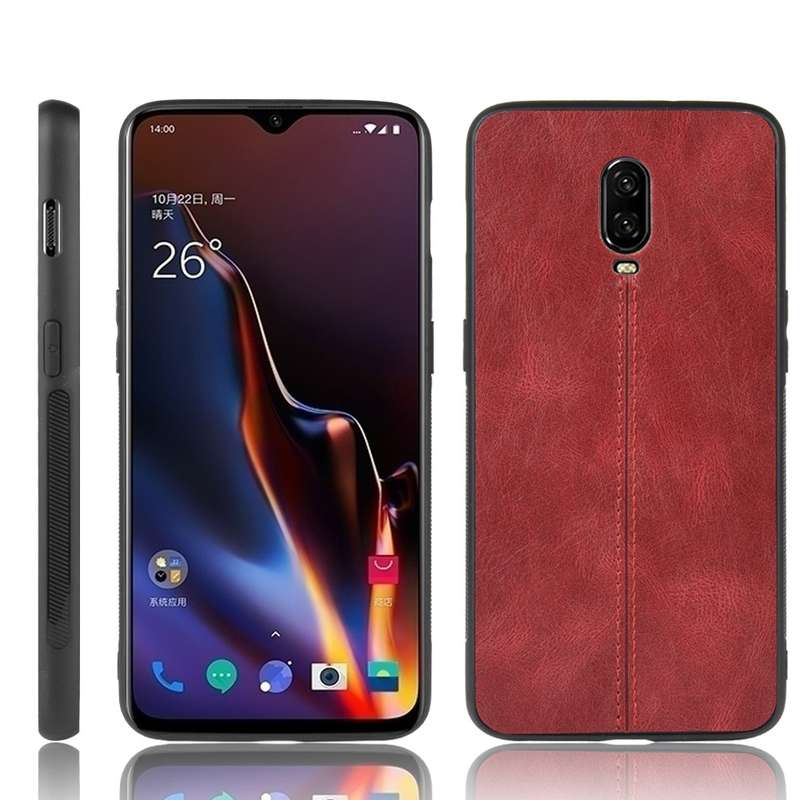 For OnePlus 6T Shockproof Sewing Cow Pattern Skin PC + PU + TPU Case(Red)