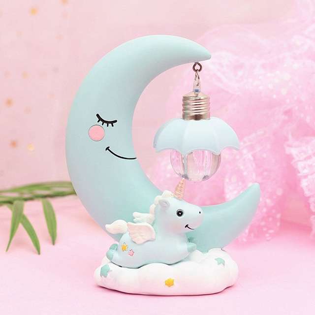 Moon Resin Cartoon Romantic Bedroom Decor Night Lamp Baby Kids Birthday Xmas Gift(Blue)