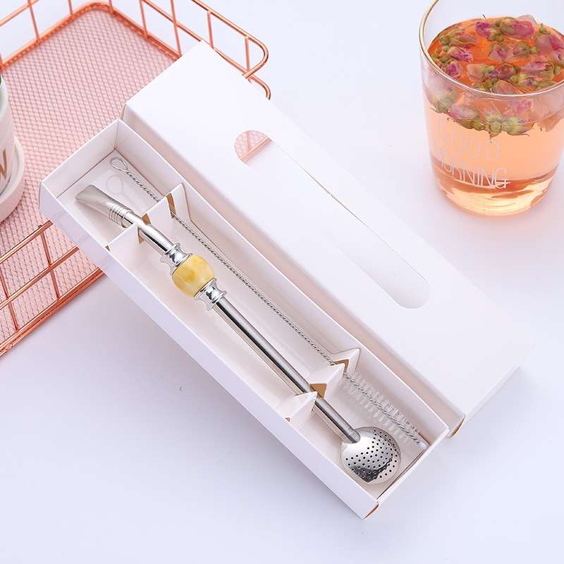 Washable Stainless Steel Straw Spoon Filter Slip Tea Tableware(Pink)