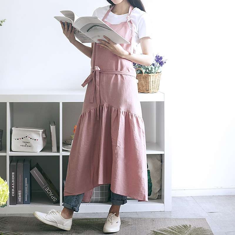 Cotton Linen Fishtail Long Slim Fit Apron Florist Manicure Shop Overalls(Pink)