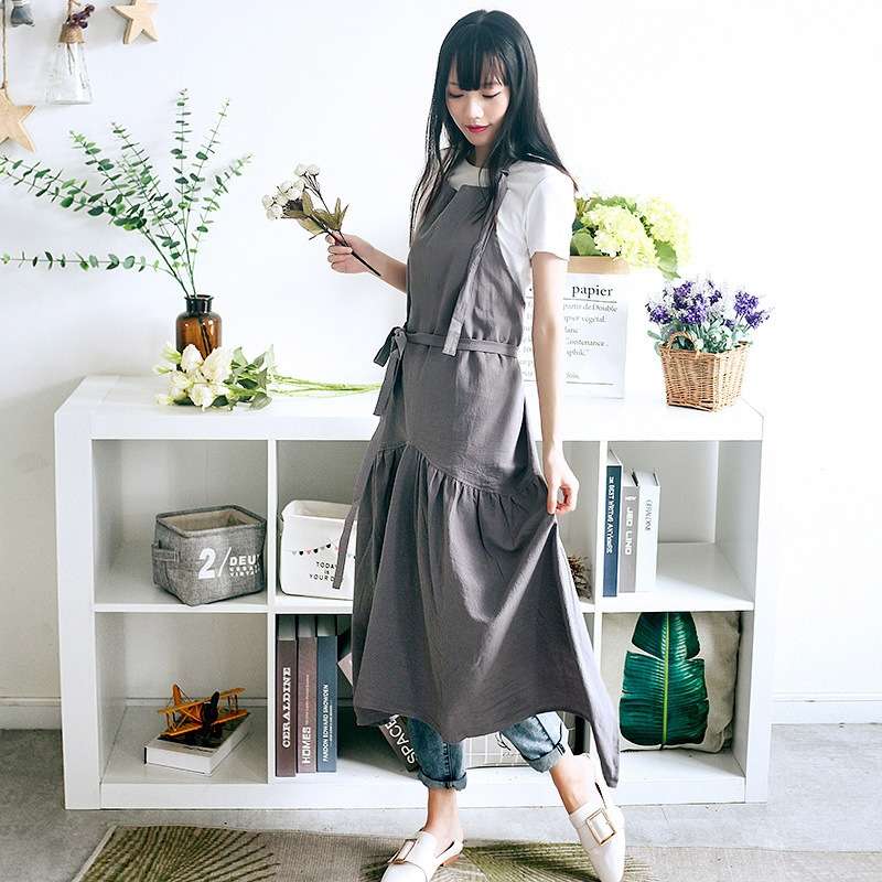 Cotton Linen Fishtail Long Slim Fit Apron Florist Manicure Shop Overalls(Pink)