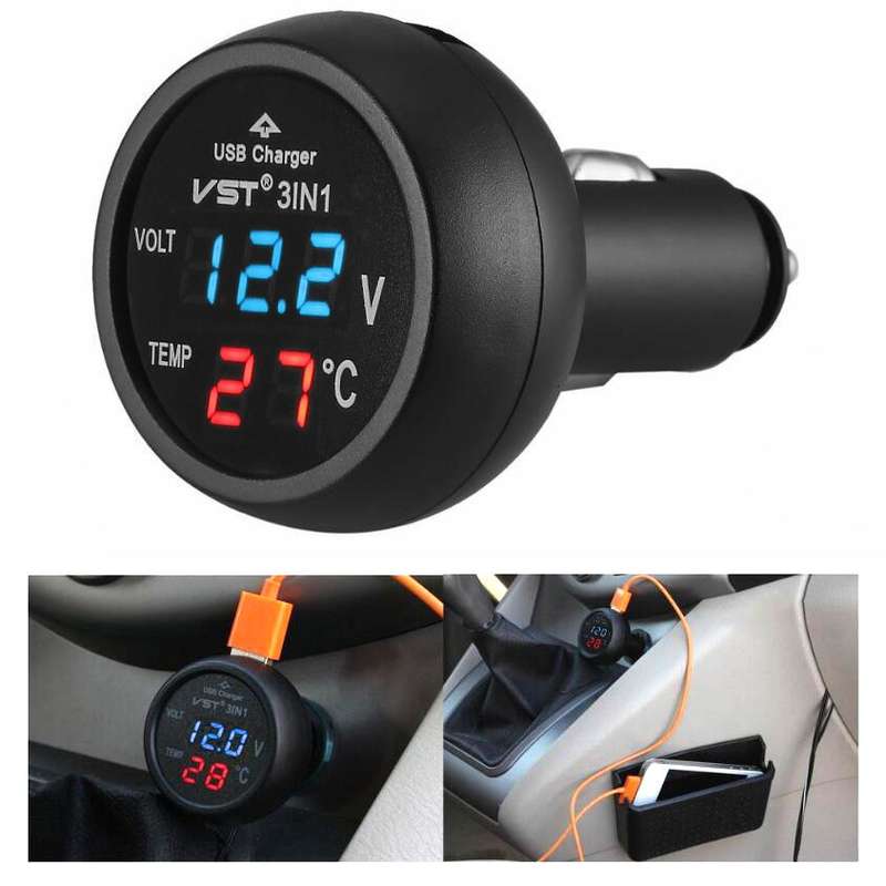 3 In 1 Car USB Charger Car Cigarette Lighter With Voltage Detection Display Multi-function Monitorin
