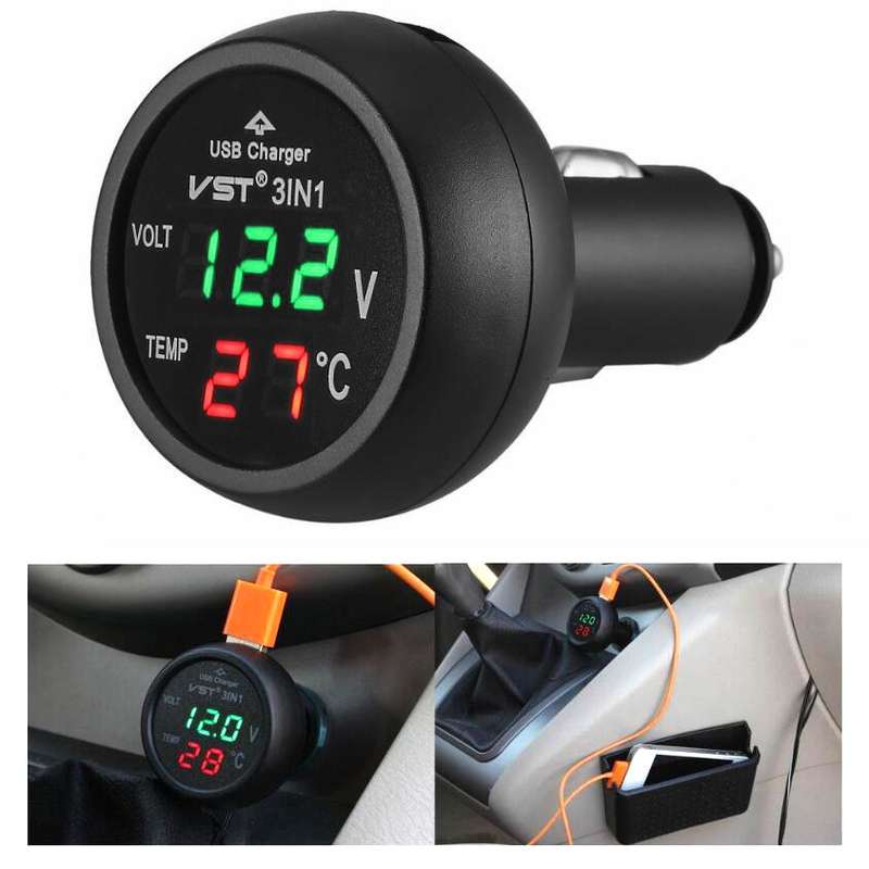 3 In 1 Car USB Charger Car Cigarette Lighter With Voltage Detection Display Multi-function Monitorin