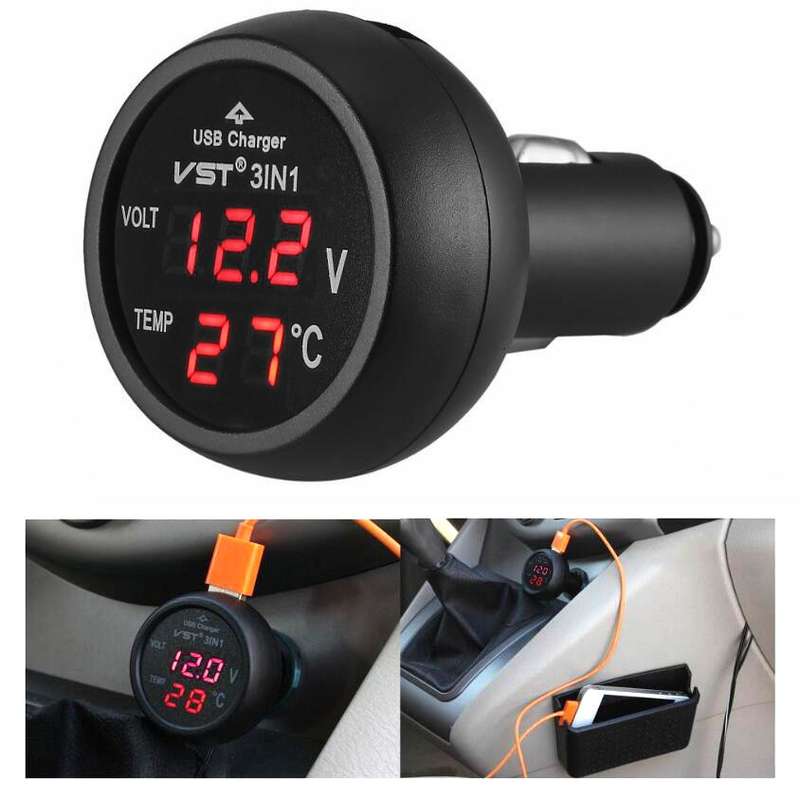 3 In 1 Car USB Charger Car Cigarette Lighter With Voltage Detection Display Multi-function Monitorin