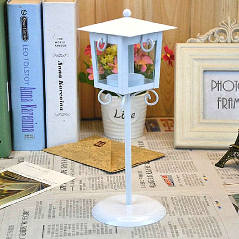 Glass Retro Wrought Iron Street Lamp Candle Holder Home Wedding Decoration(Black)