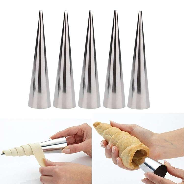 5 PCS Cone Roll Moulds Stainless Steel Spiral Nozzle Croissants Pastry Cream Horn Cake Mold(Small 8.
