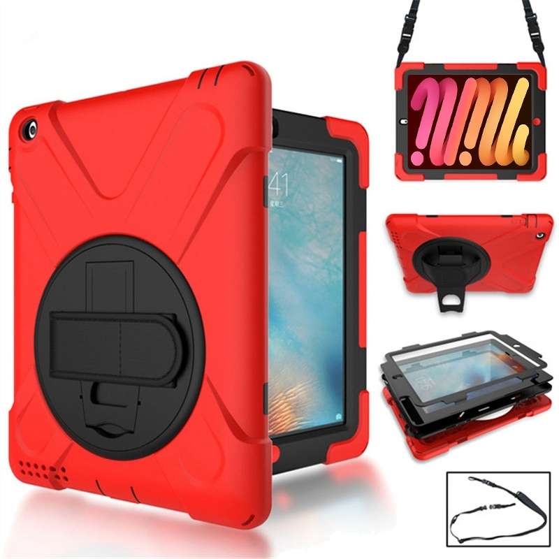 360 Degree Rotation Silicone Protective Cover with Holder and Hand Strap and Long Strap for iPad min