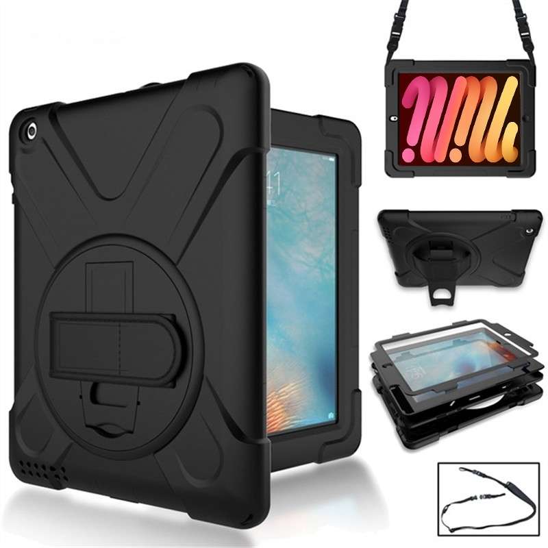 360 Degree Rotation Silicone Protective Cover with Holder and Hand Strap and Long Strap for iPad min