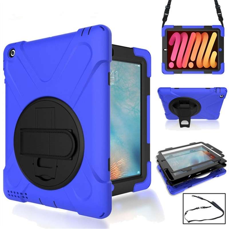 360 Degree Rotation Silicone Protective Cover with Holder and Hand Strap and Long Strap for iPad min