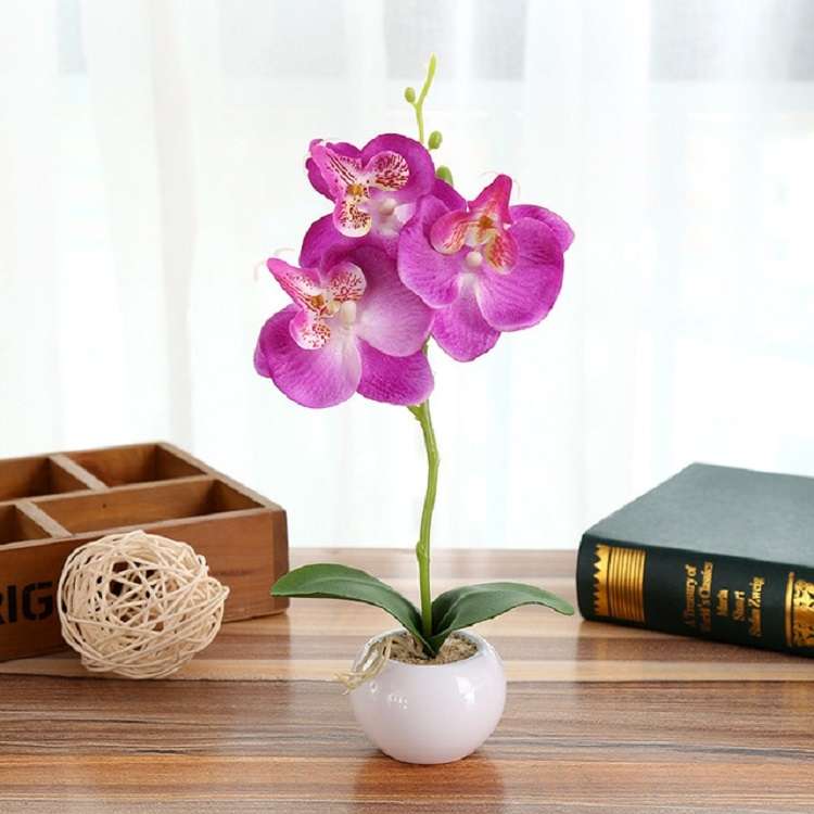 Decorative Landscaping Round Pot Three Flowers Phalaenopsis Bonsai Simulation Potted Plants(Purple)