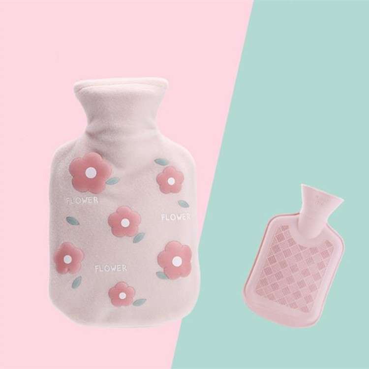 Cartoon Flowers Plush Hot Water Bottle Bag Injection Water Hand Warmer(Pink)