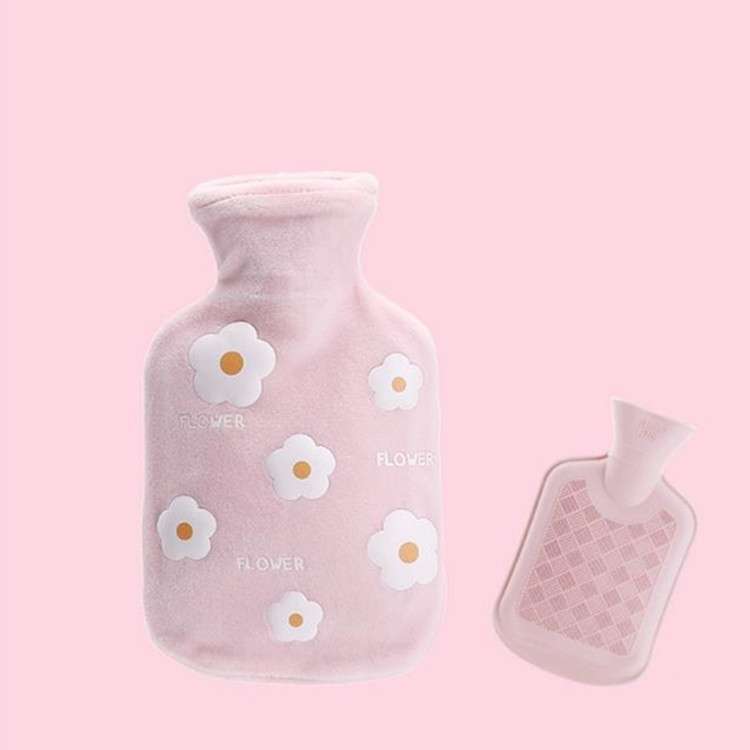 Cartoon Flowers Plush Hot Water Bottle Bag Injection Water Hand Warmer(Pink)