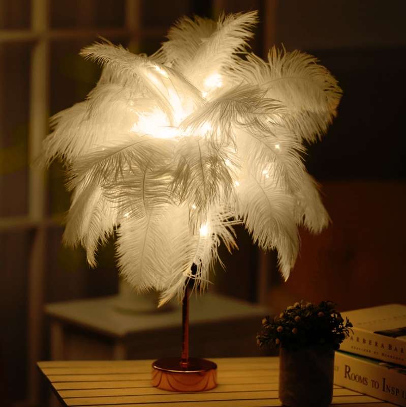 Ostrich Feather Table Lamp Wrought Iron Night Light LED Copper Wire Lamp(Orange)