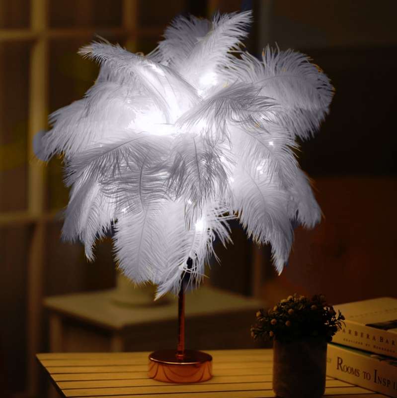 Ostrich Feather Table Lamp Wrought Iron Night Light LED Copper Wire Lamp(Orange)