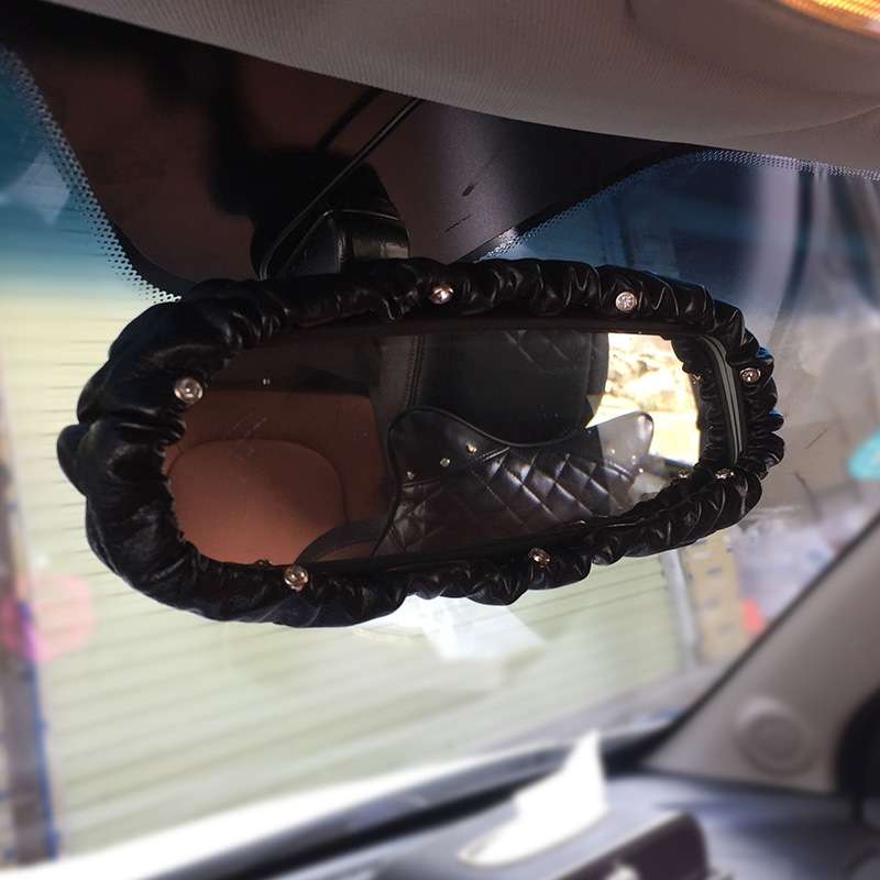 Crystal Car Interior Accessories Rear View Mirror Cover Leather Auto Rearview Mirror Cover Decoratio