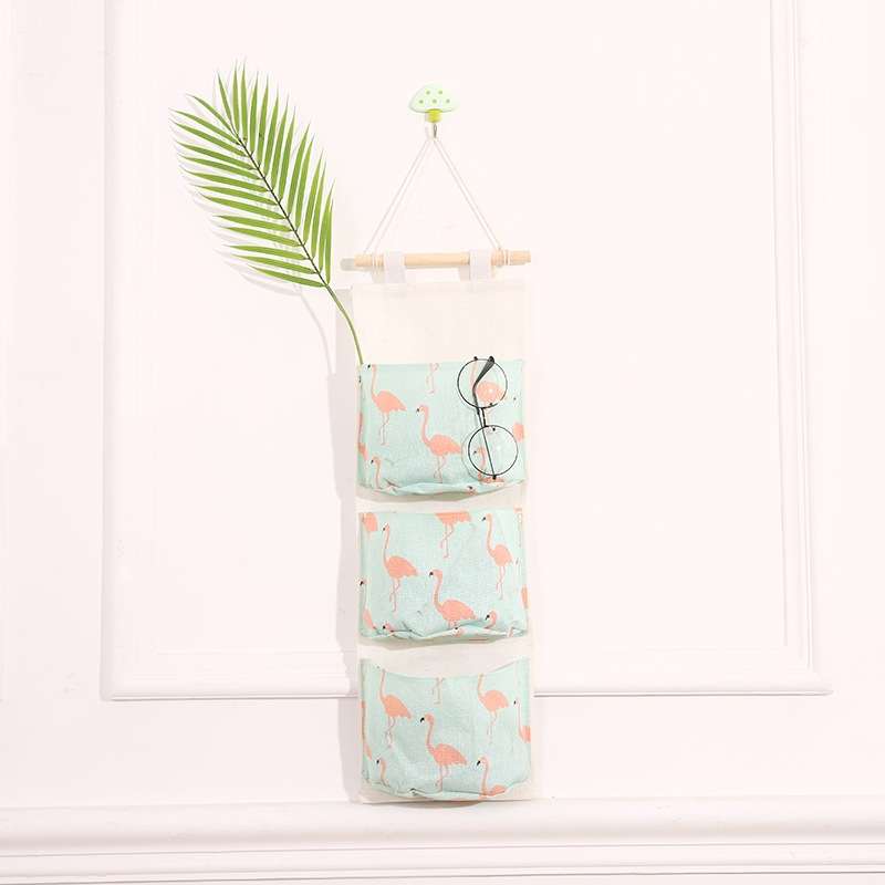 Cotton Linen Hanging Storage Bag 3 Pockets Wall Mounted Wardrobe Hang Bag Wall Pouch Cosmetic Toys O