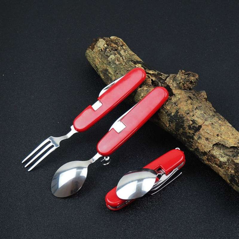 Outdoor Tableware Stainless Steel Spoon / Fork / Knife / Bottle Opener 4 in 1 Multifunctional Foldin