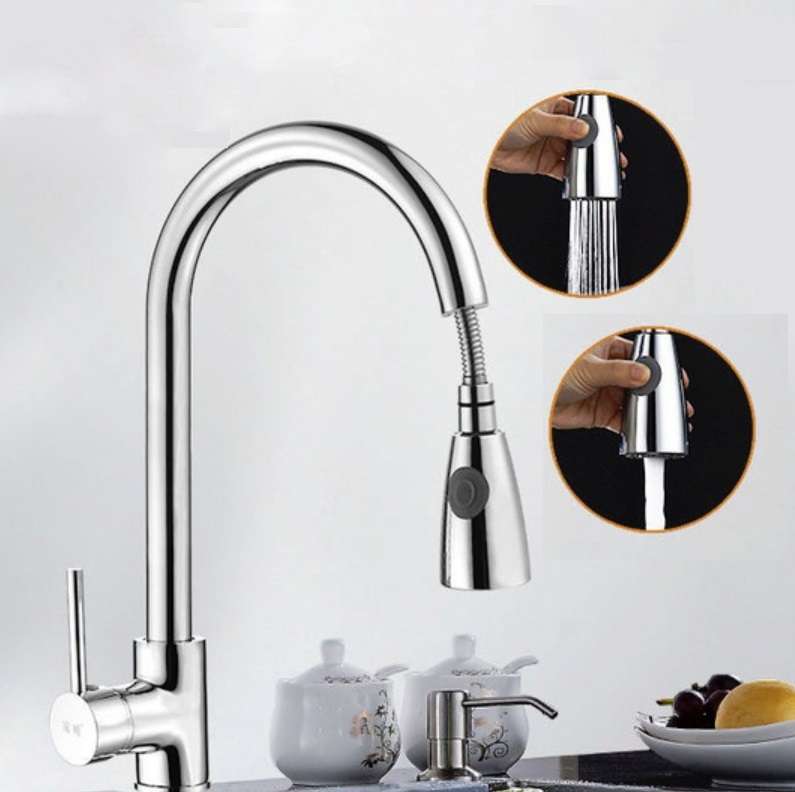 Kitchen Pull-out Faucet Hot And Cold Home 304 Stainless Steel Retractable Rotating Faucet, Style:Pla