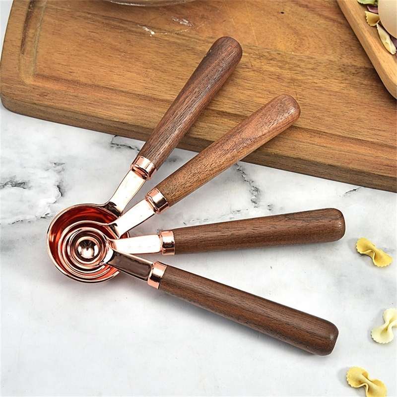 4 PCS / Set Measuring Spoon Walnut Handle Copper-Plated Kitchen Baking Tools Bartender Scale Measuri