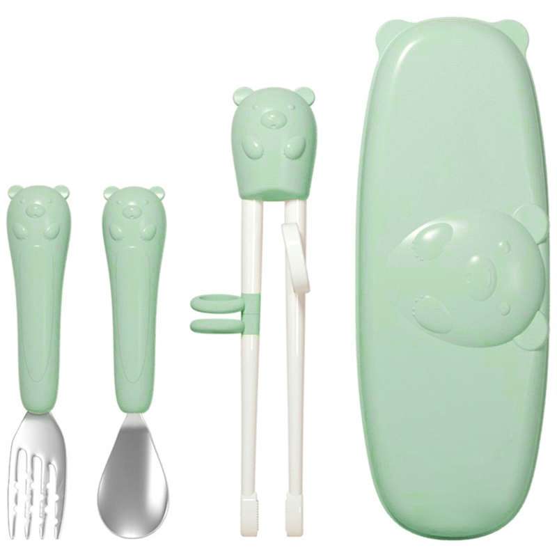 Household Baby Eating Training Chopsticks Spoon Fork Exercise Suit Kids Tableware(Green)