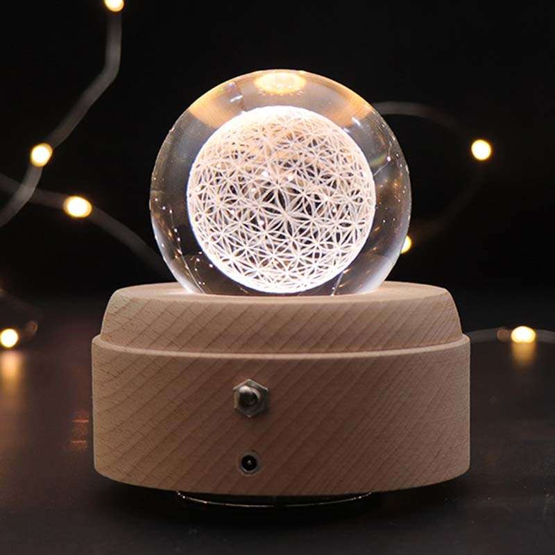 Girl Bedside Lamp Crystal Ball Wooden Base Music Box Charging Glow Rotating Night Light, Random Musi