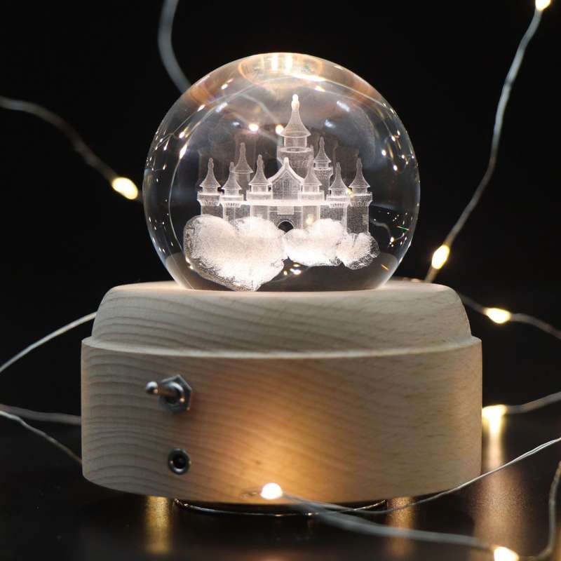 Girl Bedside Lamp Crystal Ball Wooden Base Music Box Charging Glow Rotating Night Light, Random Musi